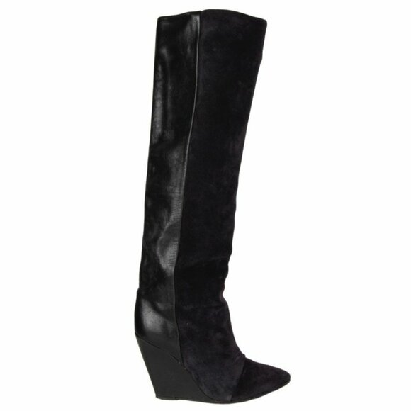 Isabel Marant Sheila Black Suede/Leather Knee High Wedge Boot 4in/100mm Size 40 - Picture 1 of 5